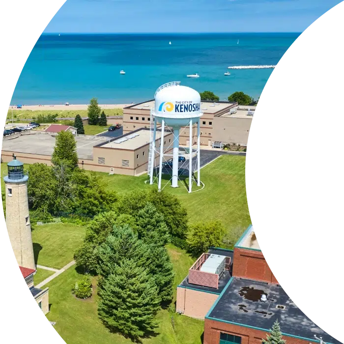 Aerial View of Kenosha Lighthouse and Water Tower on Lake Michigan