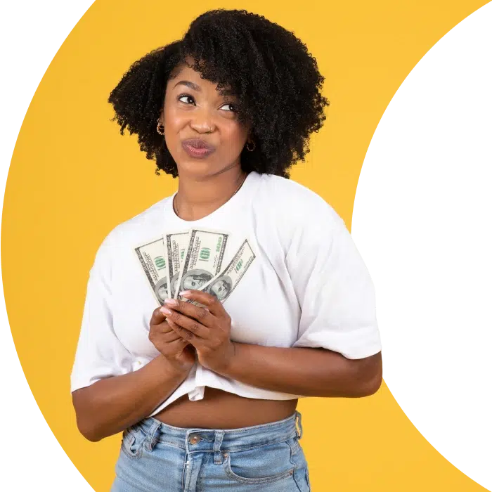 Cheerful lady holds 400 dollars